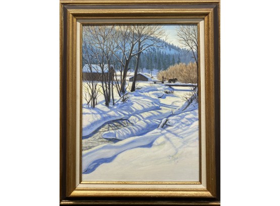 Kaye York (c. 1957) Original Oil Painting Of Winter Farm Scene With Draft Horse On Bridge