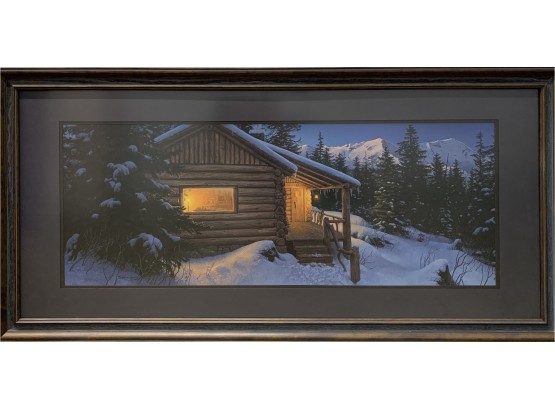 Log Cabin In Snowy Woods Lithograph By Steven Lyman (Am. 1957--1996)