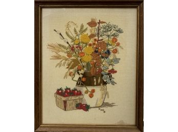 Large Framed Embroidered Panel With Strawberries And Flowers
