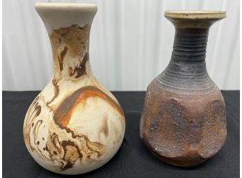 Pair Of Two Vases Including Nemadji Pottery & Signed Earthenware Vessel