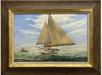Sailboat And Seagulls Oil On Canvas By Gene Galasso (Am. 20th Cent.)
