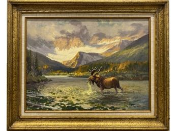 'Misty Day Moose' Oil On Canvas By Phil Kooser (Am. 1921 - 2007)