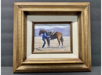 Horse & Cowboy Painting In Wooden Frame By K. Clark