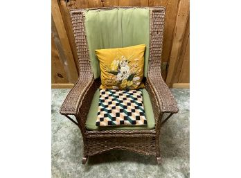 Antique Wicker Rocking Chair With Spring Seat And Original Cushions
