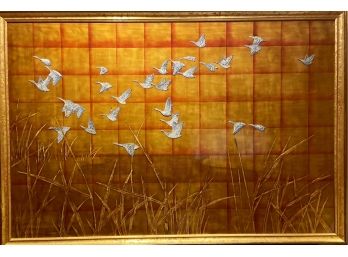 Gorgeous Large Metal & Glass Geese Art In Frame