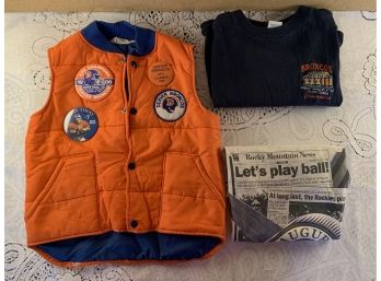 Vintage Orange Down Bronco Vest Size Medium Stahl-Urban, Pins, Broncos Half Shirt 1999, Rockies Inaugural T