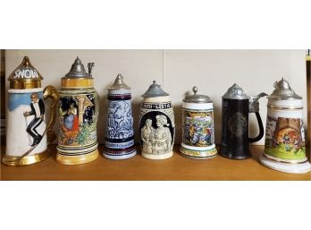 (7) Vintage Lidded Steins Nice Graphics Pieces Varied By Maker Including Germany, BMF & Avon