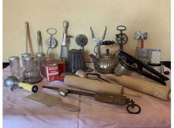 Large Antique Kitchen Utensil Lot, Metal Cheese Grater, Hand Beaters, Drip Glass Coffee