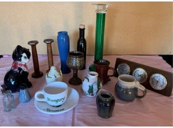 Nice Lot Of Décor, Pottery Cat, Studio 56 Chick Trinket Box, Wood Spools, Green Glass Candle