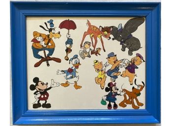 Blue Framed Dave Schutz Cartoon Painting With Porkie Pig, Bambi, Goofy, Micky And More