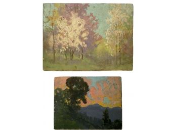 Dave Stirling Pair Of Two 1950’s Landscape Paintings Titled “OK Sunset D. Tree” & “St. Louis Spring”