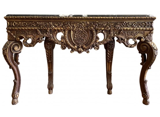 Antique Ornate Wood Carved Entry Or Sofa Table With Gold Finish And Black & White Marble Top