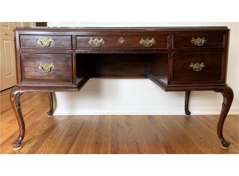 Century Brand Wood Desk With Stamped Brass Pulls And Knobs With Glass Top