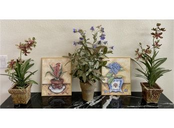 Collection Of Floral Decor Including Faux Flowers, Pots And Two Pictures