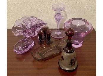 Beautiful Collection Of Amethyst Glass Including A Candle Holder, Heavy Vase, Decanter & More