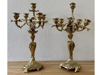 Gorgeous Pair Of Ornate Solid Brass 5 Holder Candelabras (as Is )