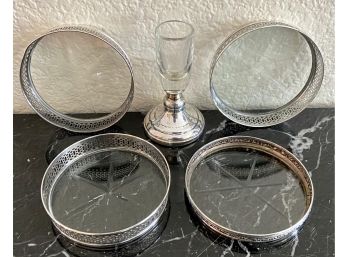 Four Webster Sterling Silver And Crystal Coaster's And One Sterling Bottom Webster Aperitif Glass