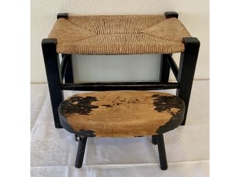 (2) Vintage Foot Stools One Antique Sold Wood And One  Cane Top With Wood Legs