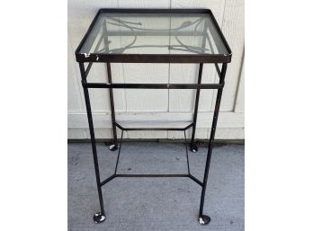 Outdoor Black Iron Patio Glass Top Table With Leaf Decor
