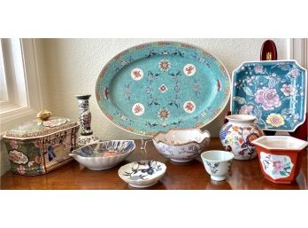 (11) Pieces Of Floral Pattern Made In China Pottery Including A Large Teal Platter, Gold Handled Covered Dish