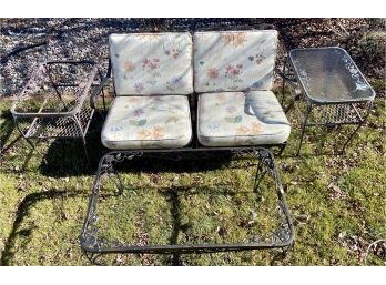 Vintage Wrought Iron Patio Set Including  (1) Two Piece Loveseat, 4 Cushions, 3 Tables (2 No Glass)