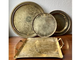 (4) Vintage Brass Trays Etched Birds, One Round With Lattice Sides And Floral Motif