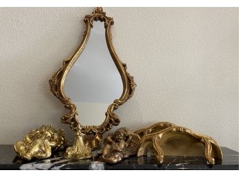 (6) Cherub Shelfs And Pretty Baroque Mirror With Gold Trim