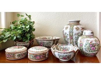 (10) Pieces Of  Floral Pottery Made In China Including A Ginger Jar, Large Vase And Trinket Dishes