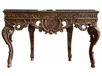 Antique Ornate Wood Carved Entry Or Sofa Table With Gold Finish And Black & White Marble Top