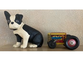 Vintage Mar Lithograph Tractor Works With Key & Metal Black & White Dog Door Stop