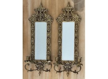 Pretty Pair Of Ornate Solid Heavy Brass Beveled Mirror Candle Holders
