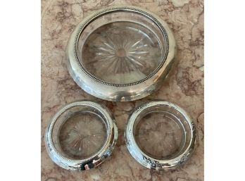 (3) Frank Whiting Sterling Silver Rim Glass Coasters And Pitcher Holder