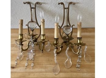 Victorian Electric Brass Wall Sconces With Crystal Centers & Drops  (as Is )