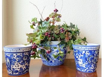 3 Blue Made In Italy Floral Planters