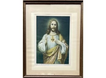 Sacred Heart Of Jesus Grellett Litho Print In Wood Frame