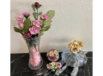 Adderly England Bone China Flowers In Base And Two Bone China Flower Arrangements In Crystal Vase