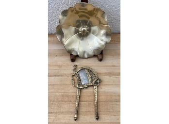 McClelland Barclay Gold Metal Lotus Trinket Dish &  Ornate Brass Antique Nut Cutter