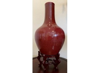 Large Rust Pottery Glaze Vase With Carved Base