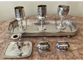 Collection Silver Plate Two Ronson Crown Lighters, Square England Pierced Edge Tray, 3 Chalice Cups Meriden