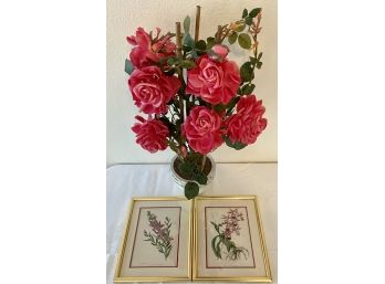 (2) Floral Lithograph Prints And A Faux Rose Bush In A Pot