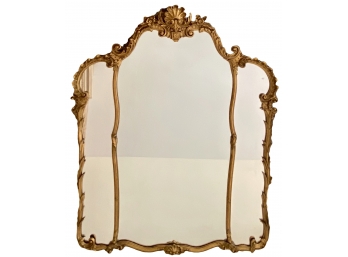 Stunning Antique Large Ornate Gold Frame Wood Tri-Panel Mirror  With Gesso Shell Detail