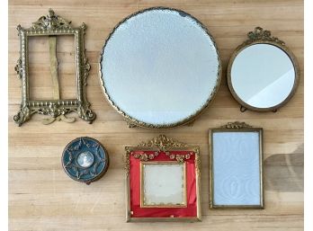 Victorian Collection Or Ornate Brass Picture Holders, Beveled Glass Dresser Tray And Dresser Jar