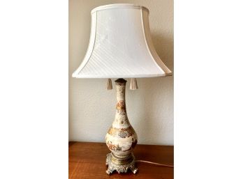 Lovely Hand Painted Raised Enamel Asian Lamp With White Lampshade And Decorative Metal Base Tassel Pulls