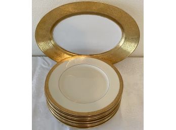 Lennox Tiffany & Co Cream & Gold Trim Dinner  Ware, (11) 10.5' Plates &  Large Gold Encrusted Platter