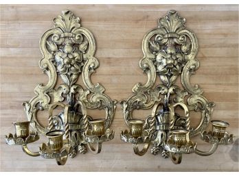 Nice Pair Of Ornate Floral Solid Brass Candelabras Three Candleholder
