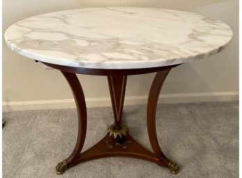 Round Empire Style Marble Top Wood Base Table With Claw Feet,  Acanthus Leaf & Brass Accents