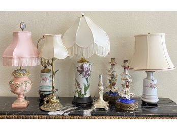 (8) Vintage Decorative Lamps Including A Brass Deer Scene, Italy Capo Demonte, Two French Ornate Base & More