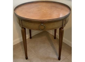 Henredon Heritage Drum Table With Heart Cut Metal Trim And Drawer