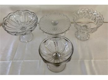 Antique Coin Dot Glass Cake Plate, Quilted Pattern Glass Trifle Dish And Two Large Serving Bowls