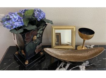 Pretty Home Decor With A Kirkland Gold Dish, Hand Painted Tole Planter, Mirror And Small Chalice